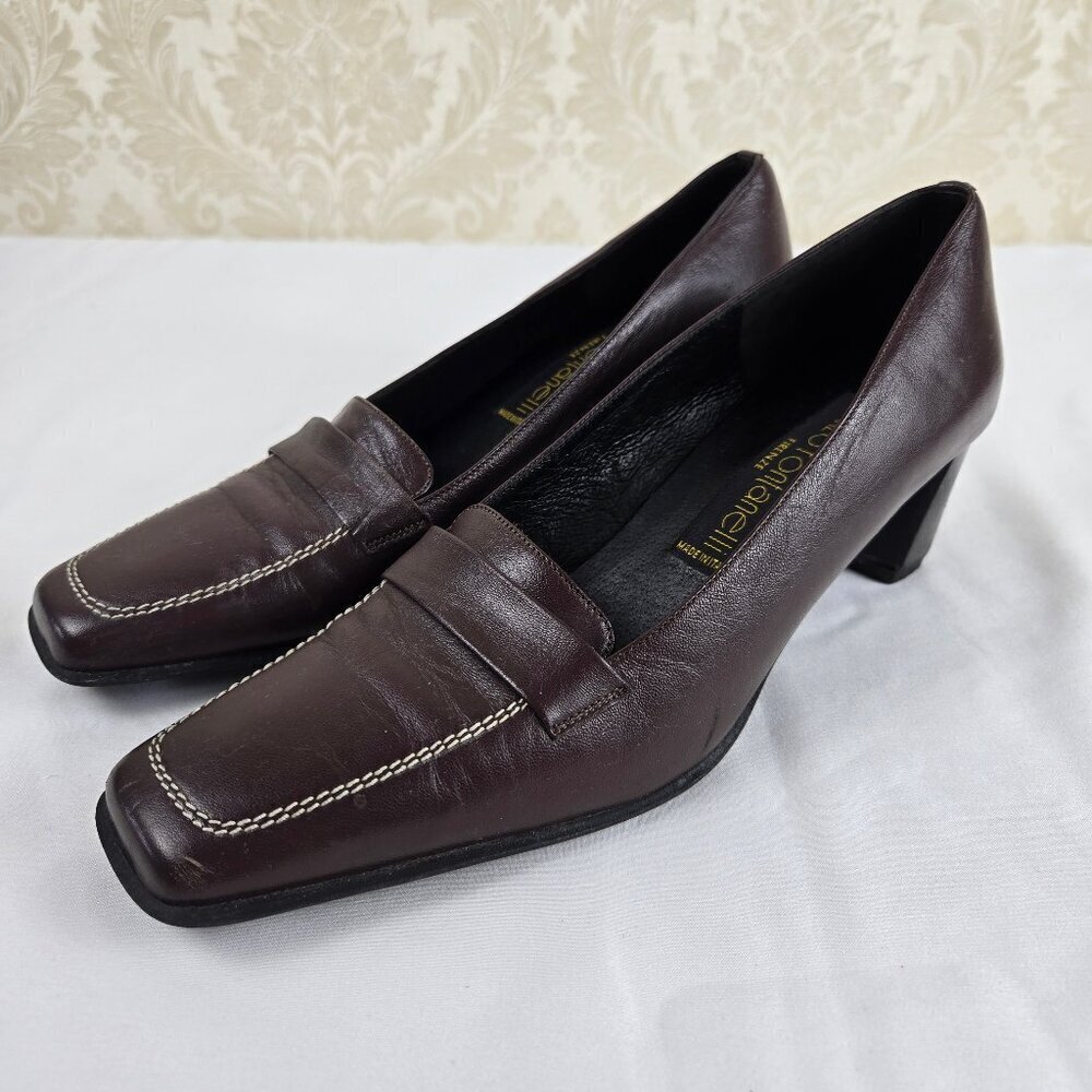 Renzo Fontanelli Firenze Size 7.5 Brown Leather Slip On Heeled Shoes Square Toe